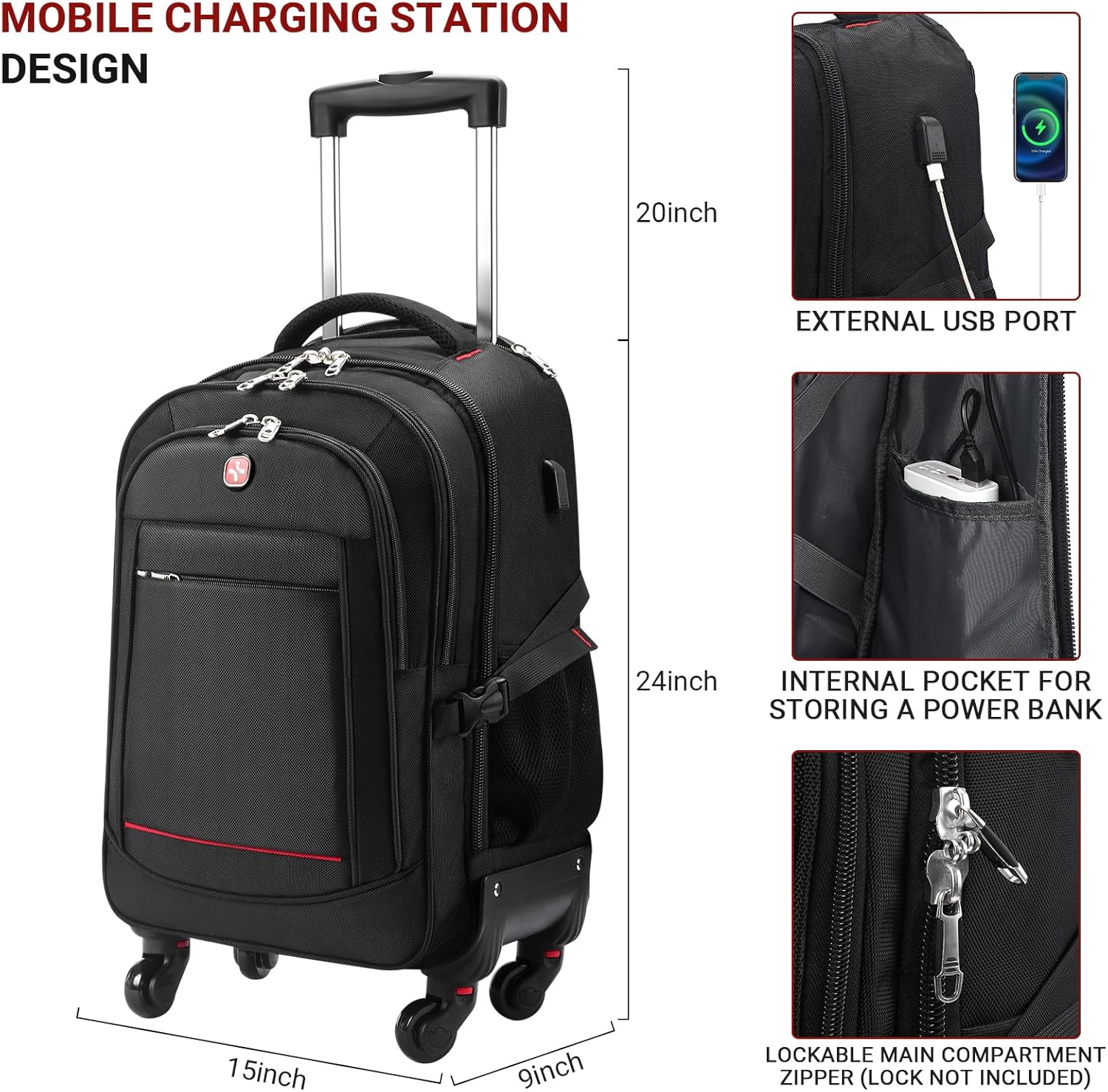 StarCloud Rolling Backpack 55L 24x15x9in Extra-Large Travel Laptop Backpack with Wheels i##e##s: 4-Wheel ^^ Water-Resistant ^^ Luggage ^^ Business ^^ Roller ^^ Commuting ^^ Checked :i##e##s - Image 3