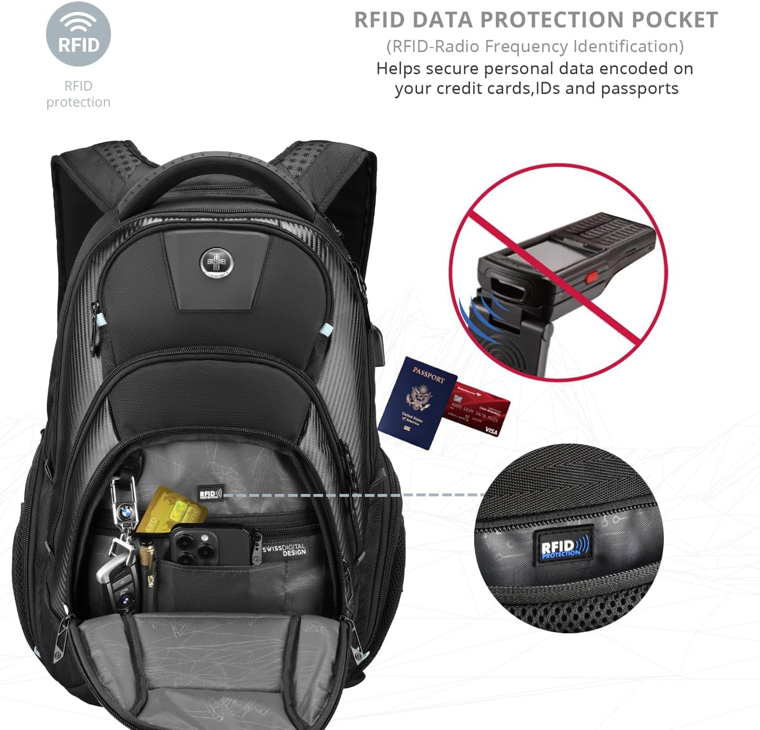 Swissdigital Design TSA Business Laptop Backpack for Men, Large Capacity Travel Backpack with Apple Find My Network and USB Charging Port Tech Backpacks Fits 17 Inch Computer Black| SD1643FB-01 - Image 4