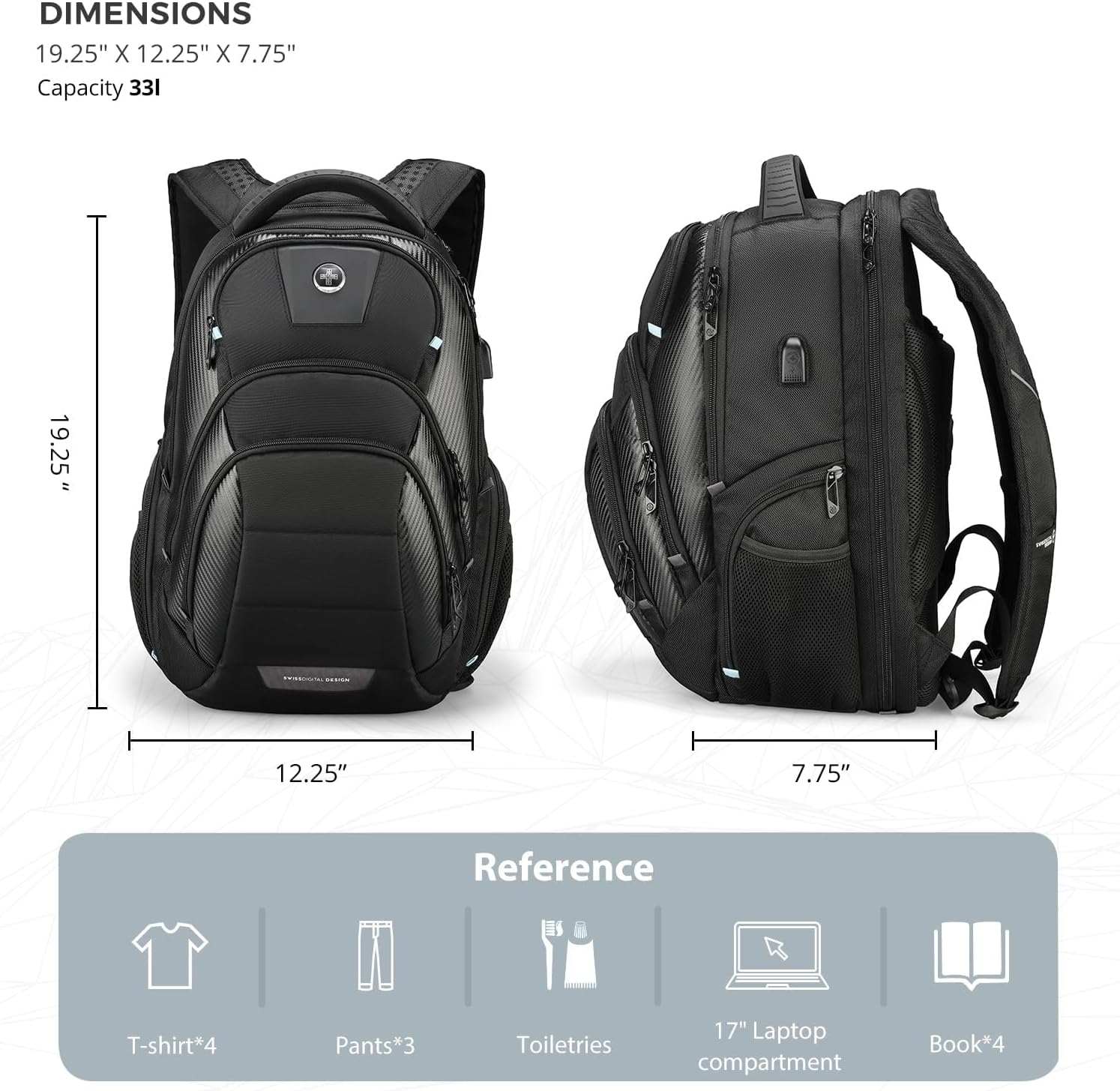 Swissdigital Design TSA Business Laptop Backpack for Men, Large Capacity Travel Backpack with Apple Find My Network and USB Charging Port Tech Backpacks Fits 17 Inch Computer Black| SD1643FB-01 - Image 2