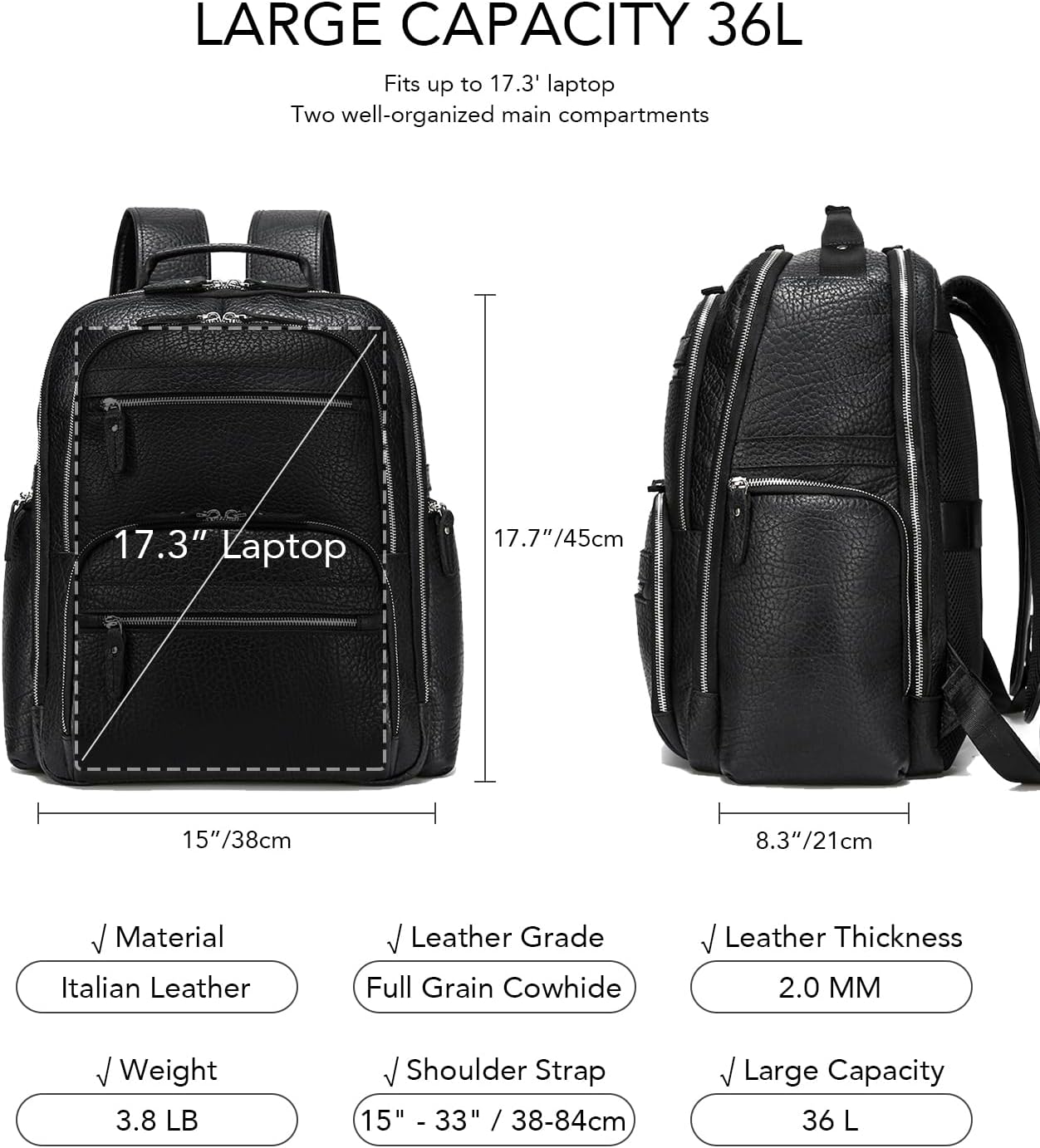 Taertii Leather Backpack For 17.3" Laptop, Travel Weekender Large Capacity Business Travel Hiking Overnight Shoulder Daypacks 36L, Black - Image 2