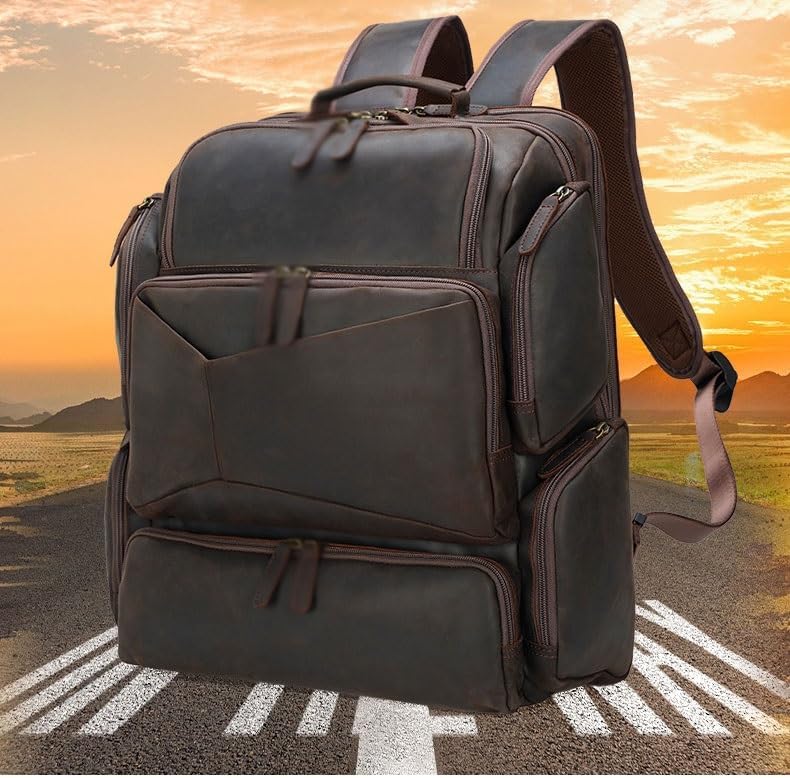 THJKUPO Retro Travel Backpack Men's Genuine Leather Computer Bag Outdoor Large Capacity Backpack Men's - Image 5
