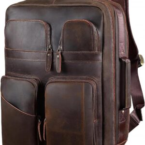 TIDING 17.3" Full Grain Leather Laptop Backpack for Men Multi Pockets Casual Daypack Business Travel Rucksack