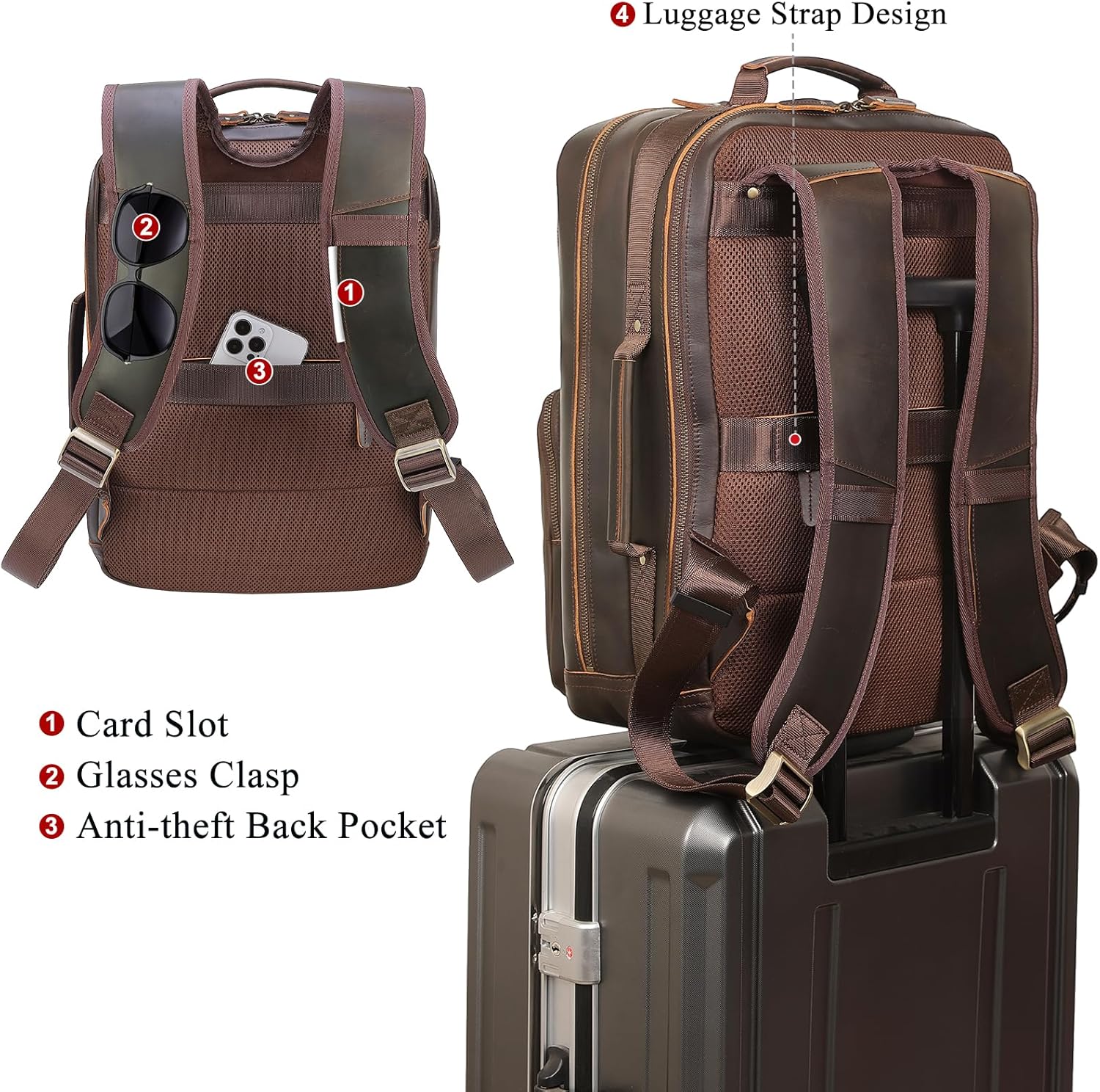 TIDING 17.3" Full Grain Leather Laptop Backpack for Men Multi Pockets Casual Daypack Business Travel Rucksack - Image 4