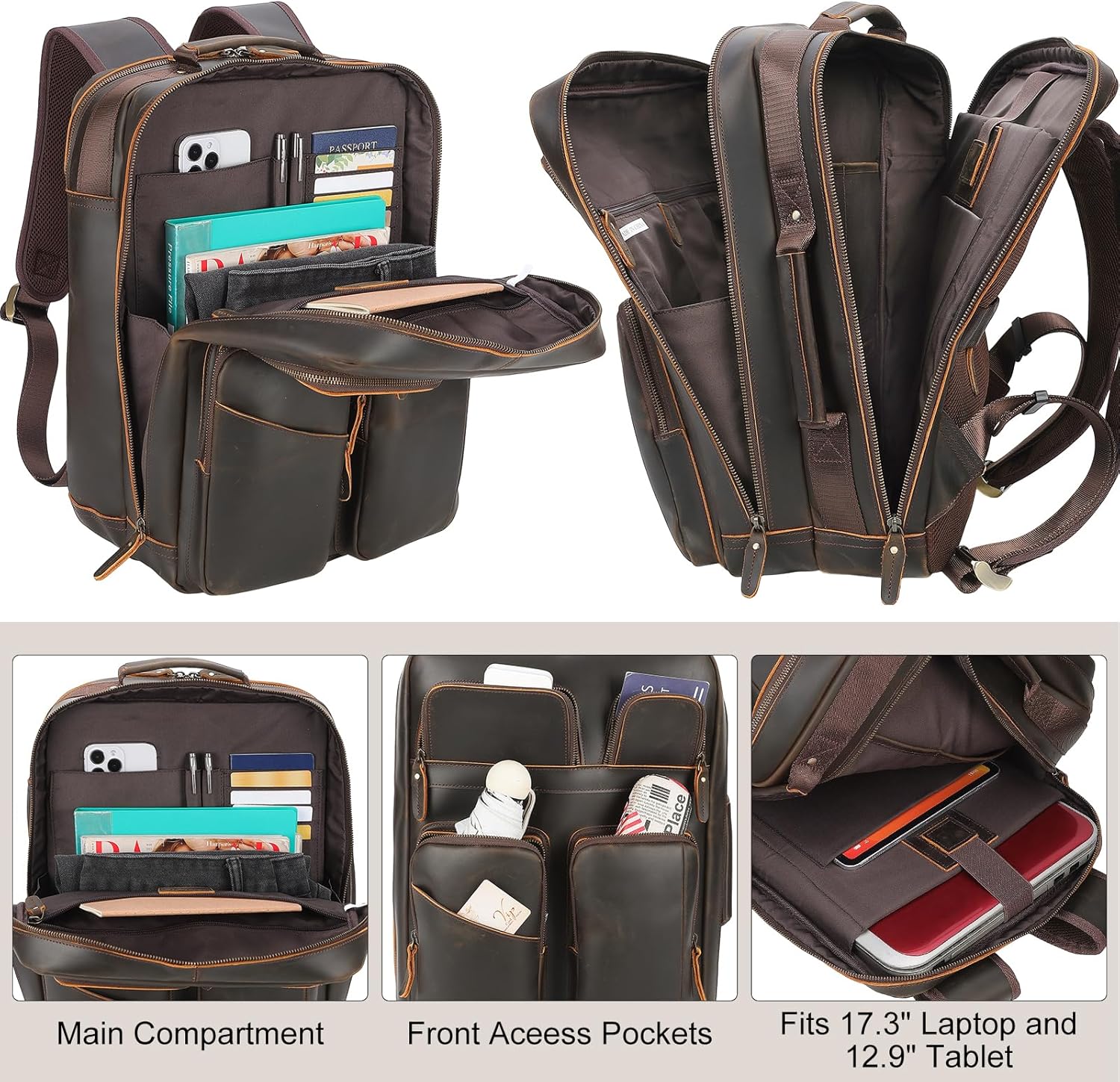 TIDING 17.3" Full Grain Leather Laptop Backpack for Men Multi Pockets Casual Daypack Business Travel Rucksack - Image 5
