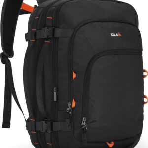 Tolaccea Travel Backpack, TSA Friendly Flight Approved Carry-on Luggage Water-resistant Business Rucksack, Durable Large Computer Bag Daypack Fits 15.6 Inch Laptop, 35-45L Expandable - Black