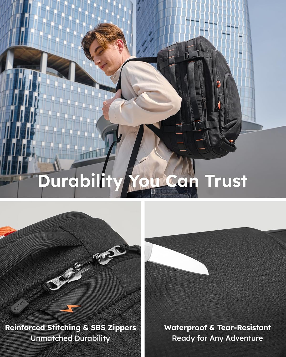 Tolaccea Travel Backpack, TSA Friendly Flight Approved Carry-on Luggage Water-resistant Business Rucksack, Durable Large Computer Bag Daypack Fits 15.6 Inch Laptop, 35-45L Expandable - Black - Image 7