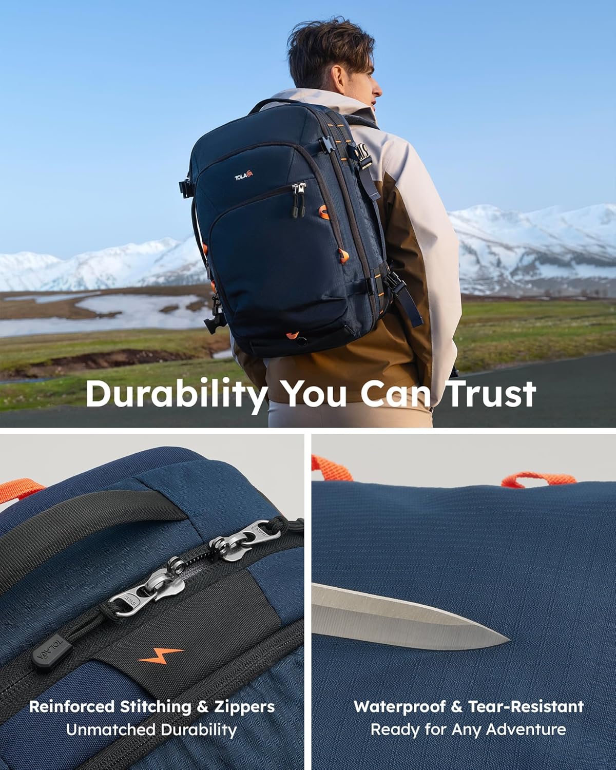 Tolaccea Travel Backpack, TSA Friendly Flight Approved Carry-on Luggage Water-resistant Business Rucksack, Durable Large Computer Bag Daypack Fits 15.6 Inch Laptop, 35-45L Expandable - Navy - Image 7