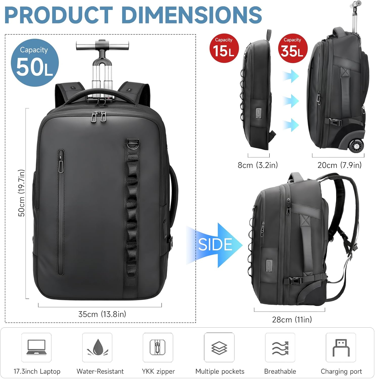 Travel Rolling Backpack,3 in 1 Carry on Backpack Flight Approved,Waterproof Personal Item Daypack with Detachable Backpack,Extra Luggage Backpack 55L for Work Teacher College,Black - Image 5