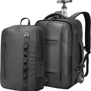 Travel Rolling Backpack,3 in 1 Carry on Backpack Flight Approved,Waterproof Personal Item Daypack with Detachable Backpack,Extra Luggage Backpack 55L for Work Teacher College,Black
