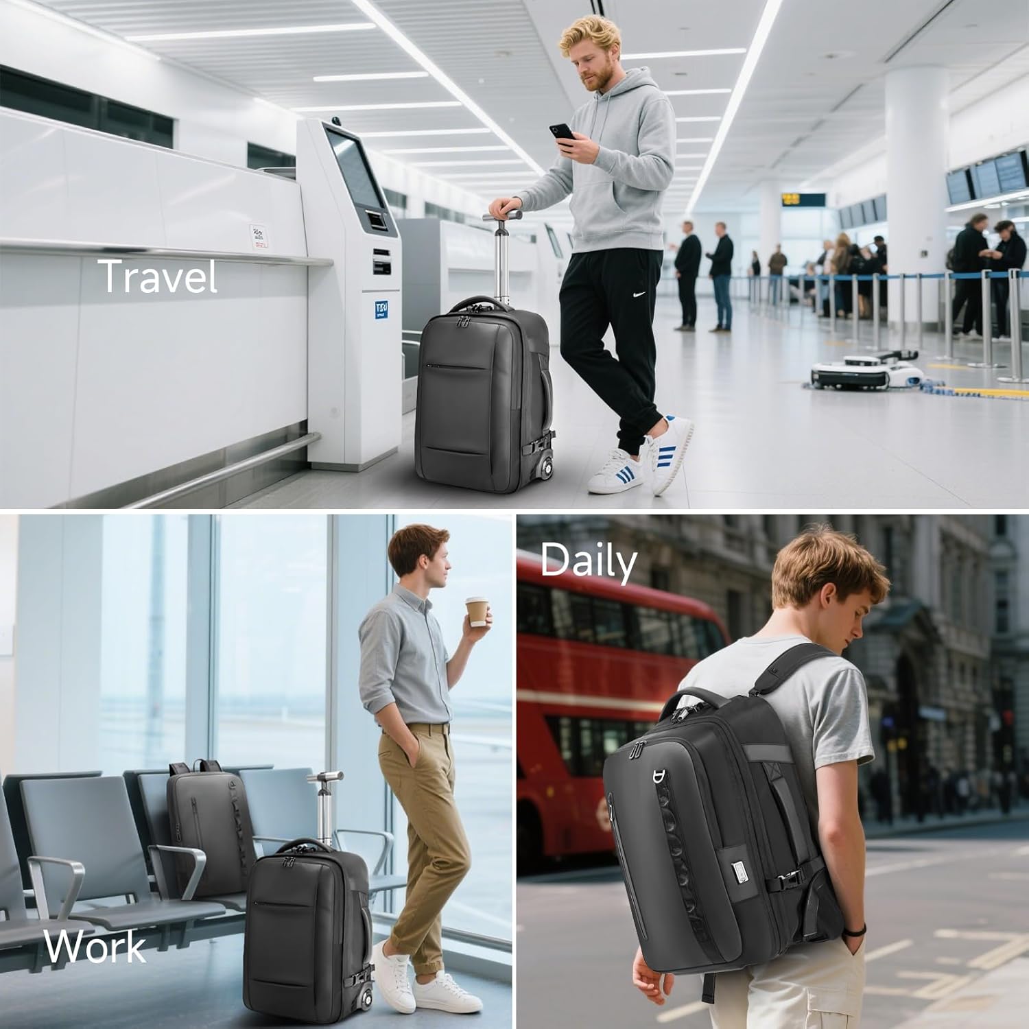 Travel Rolling Backpack,3 in 1 Carry on Backpack Flight Approved,Waterproof Personal Item Daypack with Detachable Backpack,Extra Luggage Backpack 55L for Work Teacher College,Black - Image 7