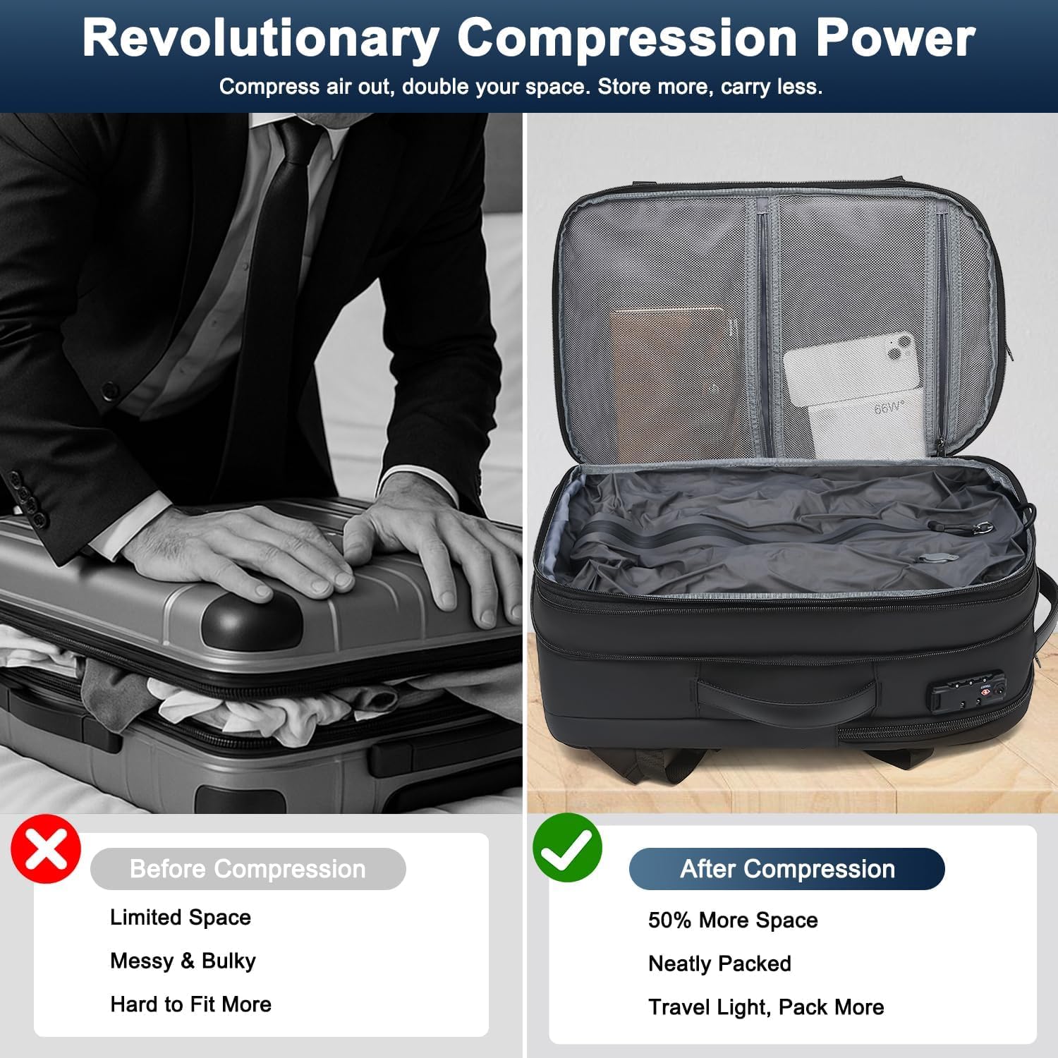 Vacuum Backpack Travel - 60L Expandable Carry-On Vacpack Backpack with Vacuum Pump, TSA Lock, Laptop Compartment, Water-Resistant Seal Compression Bag for Business & Flight Travel (Blue) - Image 2