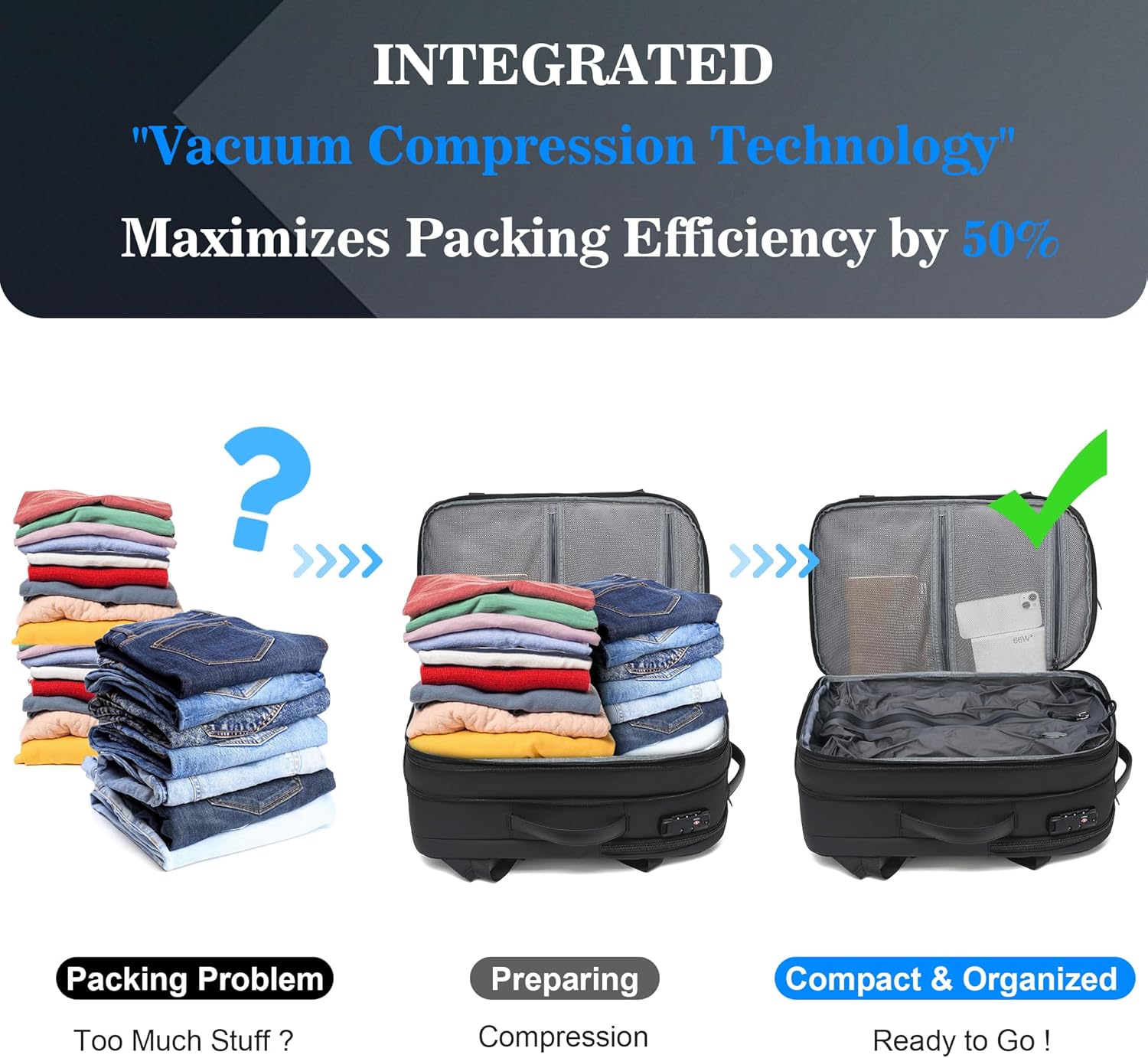 Vacuum Backpack Travel \u2013 Expandable Compression Carry On Backpack with Vacuum Pump, Water-Resistant TSA Lock Travel Bag, 17" Laptop Backpack for Men Women, Business Airplane Flight Luggage - Image 2