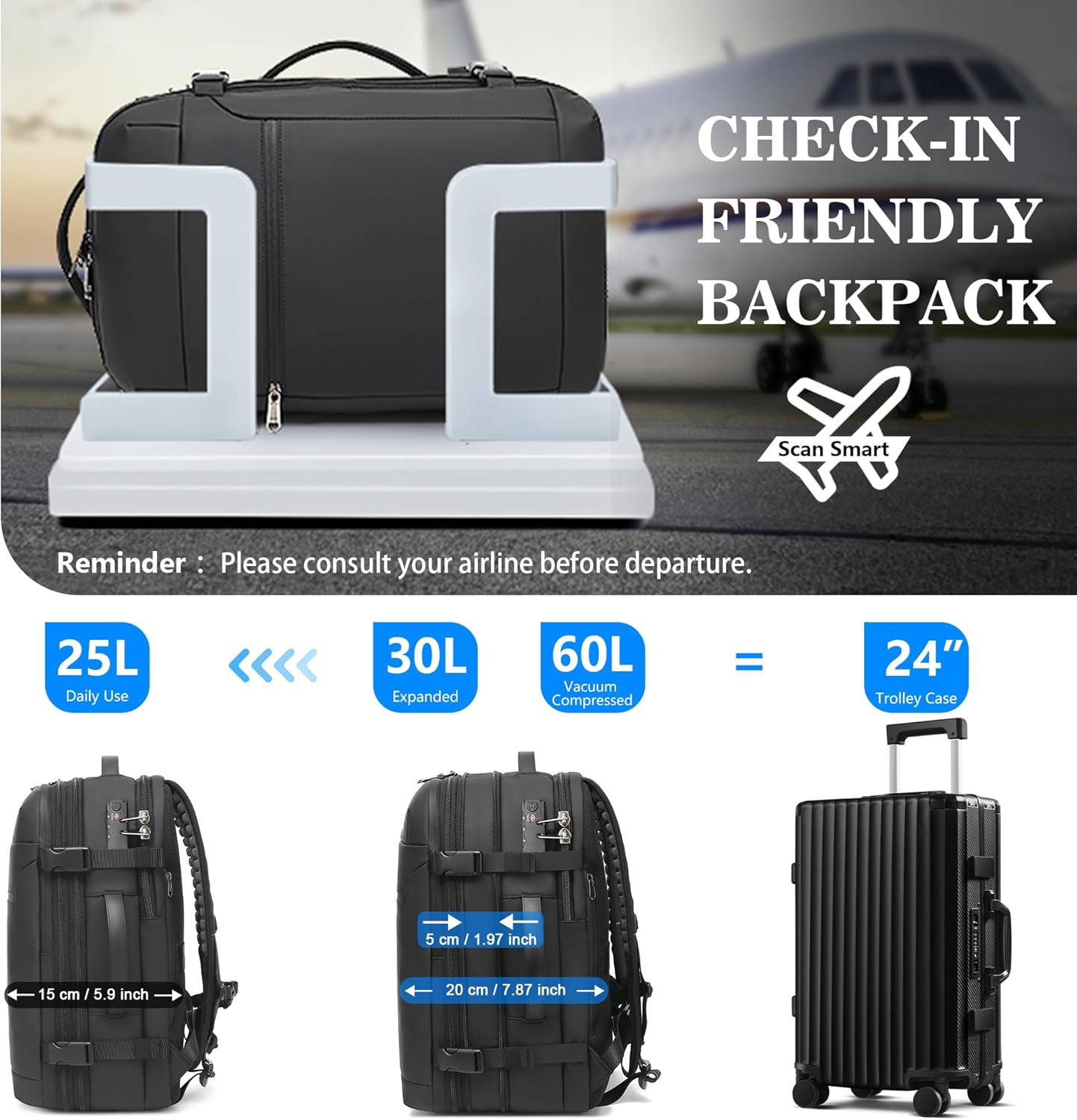 Vacuum Backpack Travel \u2013 Expandable Compression Carry On Backpack with Vacuum Pump, Water-Resistant TSA Lock Travel Bag, 17" Laptop Backpack for Men Women, Business Airplane Flight Luggage - Image 3