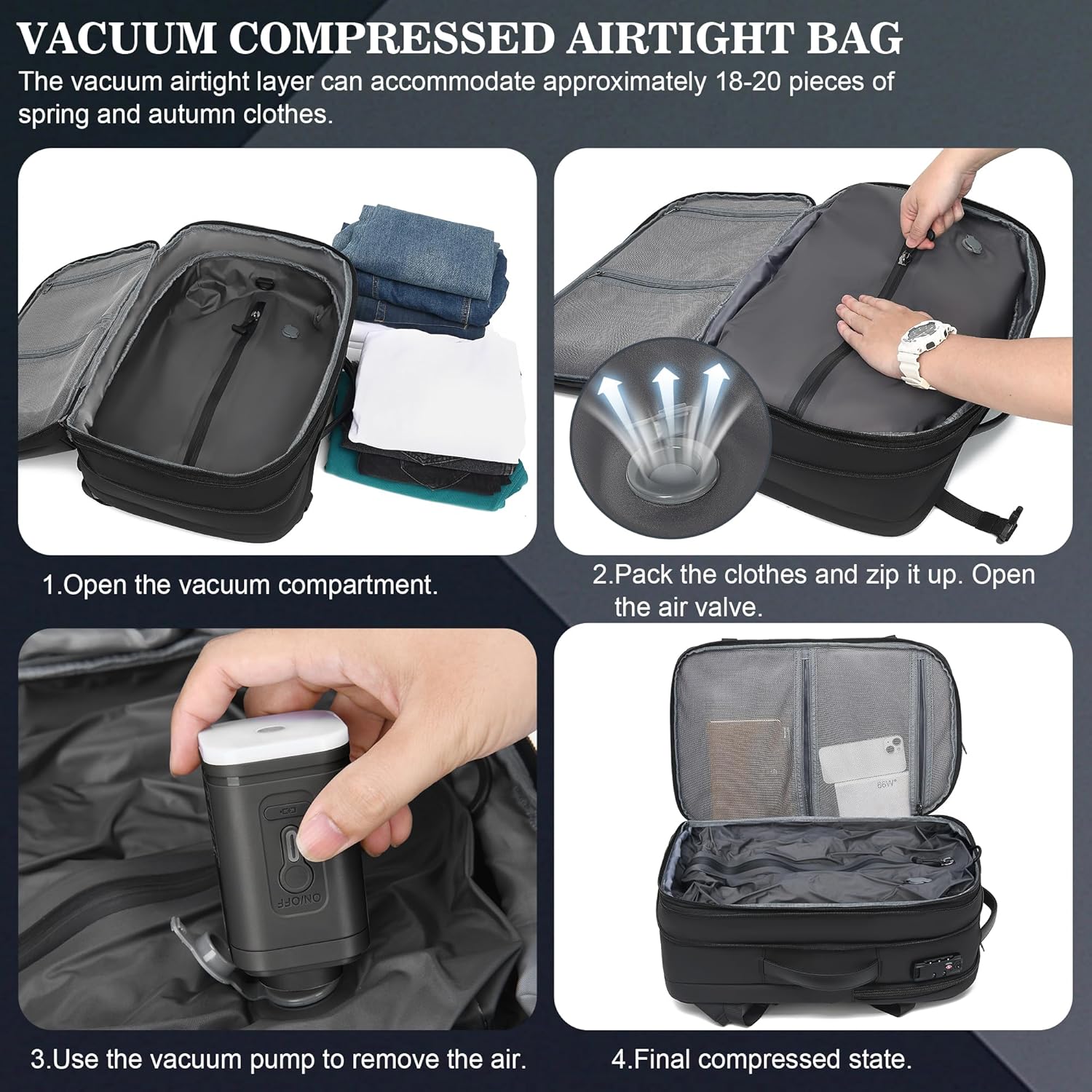 Vacuum Backpack Travel \u2013 Expandable Compression Carry On Backpack with Vacuum Pump, Water-Resistant TSA Lock Travel Bag, 17" Laptop Backpack for Men Women, Business Airplane Flight Luggage - Image 4