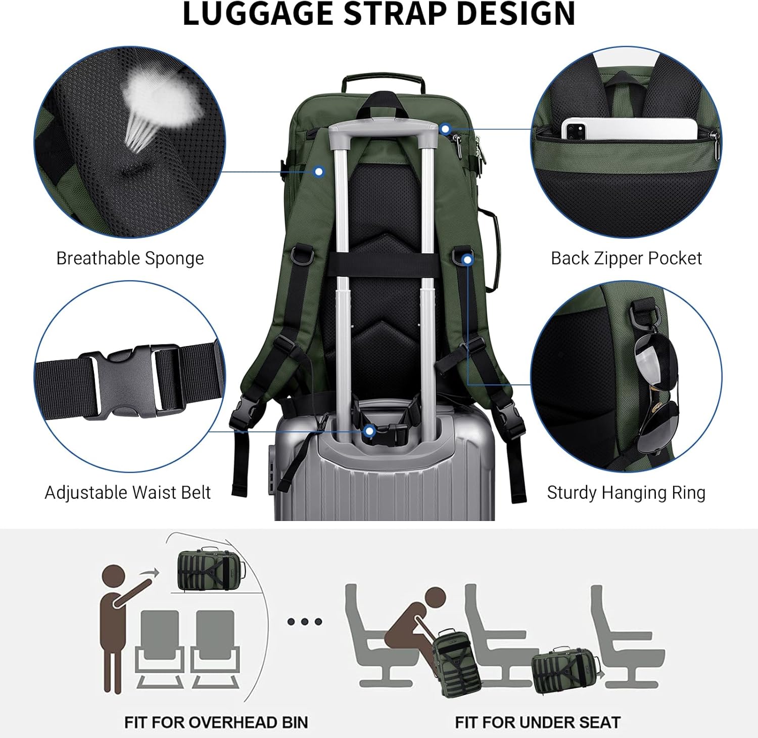 WITZMAN Men's Large 45L Convertible Travel Backpack with 17 Inch Laptop Compartment and Toiletry Bag, Green, 12.6 x 20.5 x 10.63 inches - Image 5