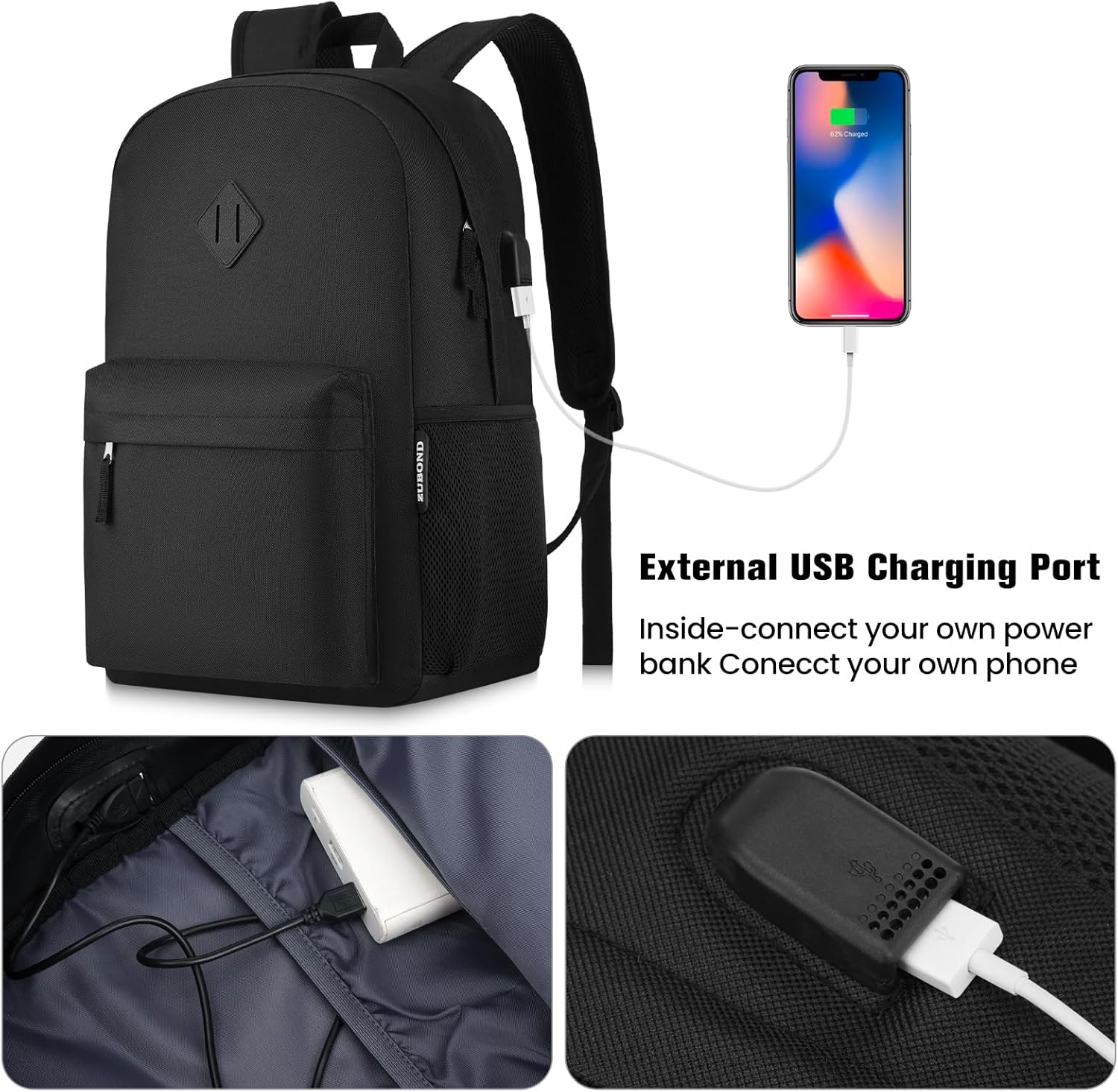 ZUBOND Unisex Black Backpack for School & Travel - Lightweight Laptop Backpack with USB Port Fits 15.6 Inch Notebook, Water Bottle Pocket - Ideal for Teens, College Students, Adults - Image 7