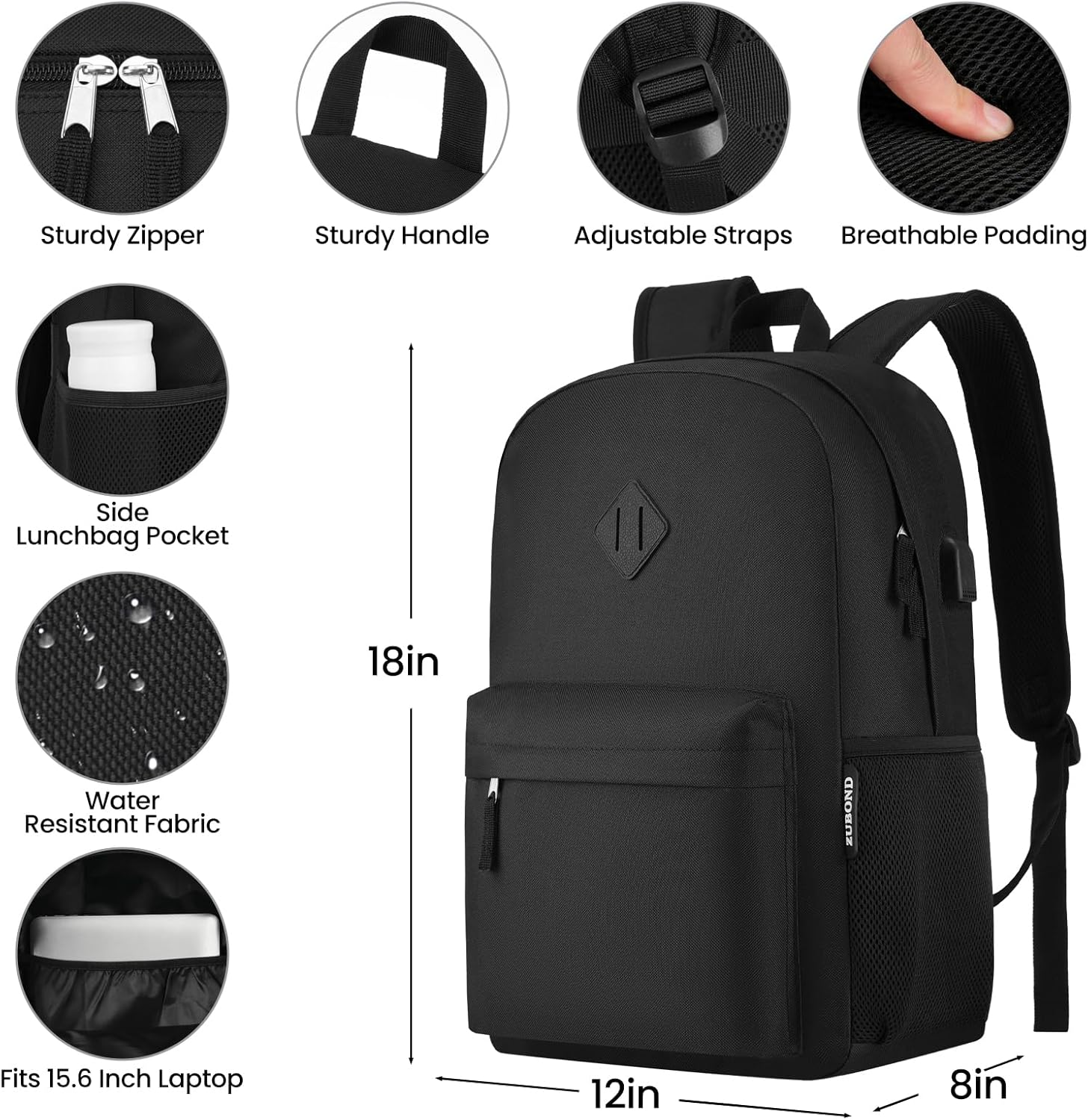 ZUBOND Unisex Black Backpack for School & Travel - Lightweight Laptop Backpack with USB Port Fits 15.6 Inch Notebook, Water Bottle Pocket - Ideal for Teens, College Students, Adults - Image 4