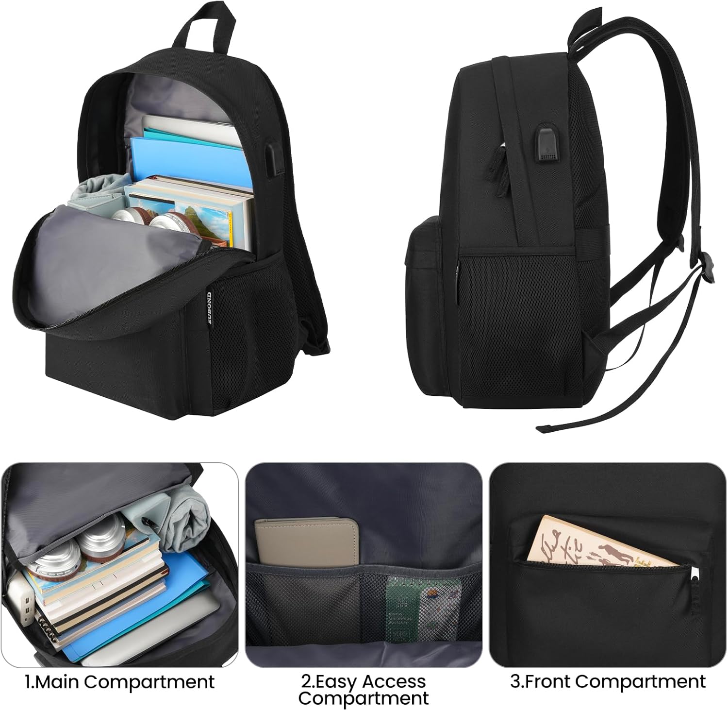 ZUBOND Unisex Black Backpack for School & Travel - Lightweight Laptop Backpack with USB Port Fits 15.6 Inch Notebook, Water Bottle Pocket - Ideal for Teens, College Students, Adults - Image 3